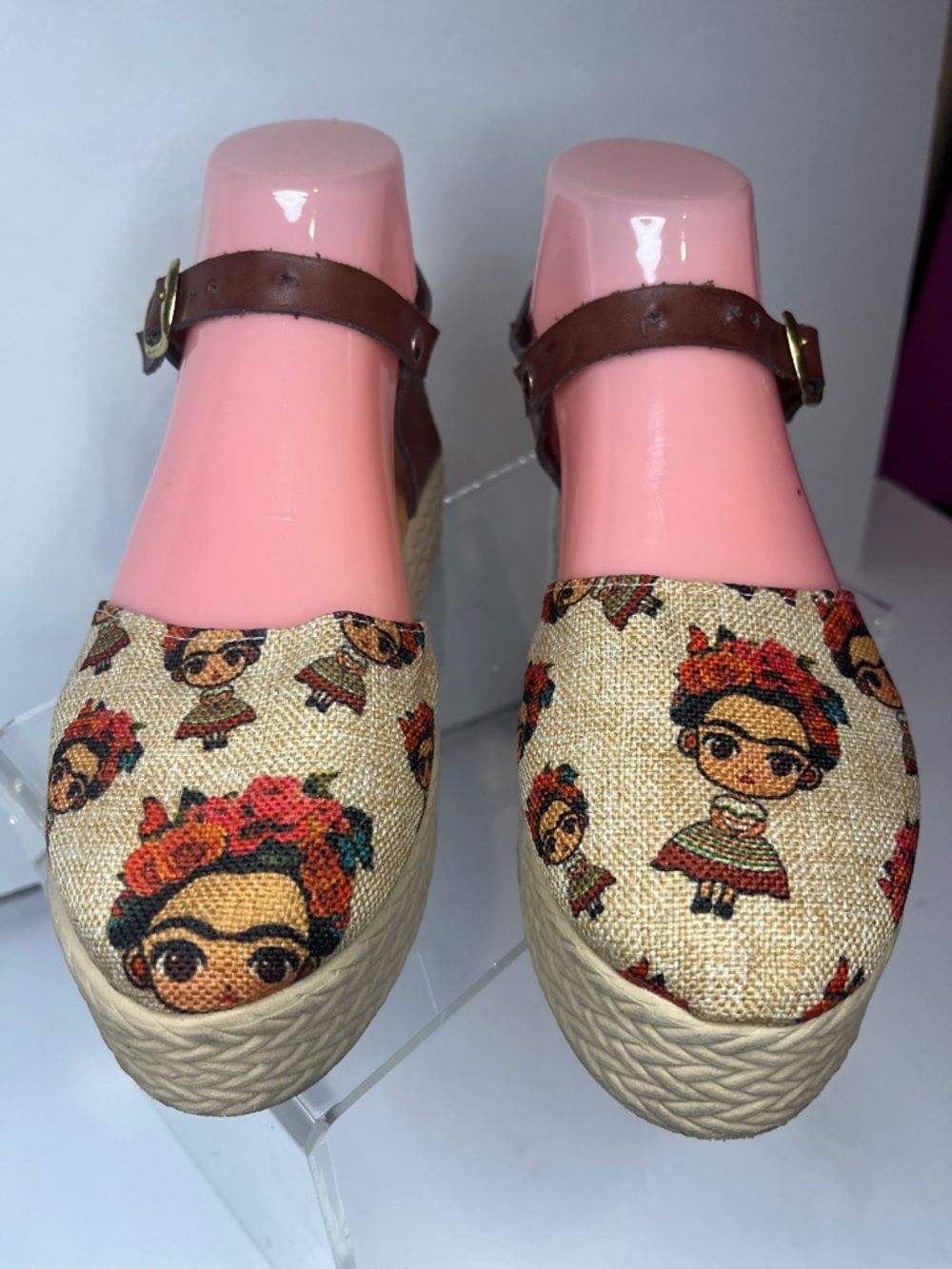 Frida Kahlo  Beige Floral Character Espadrille Wedges - Shoes